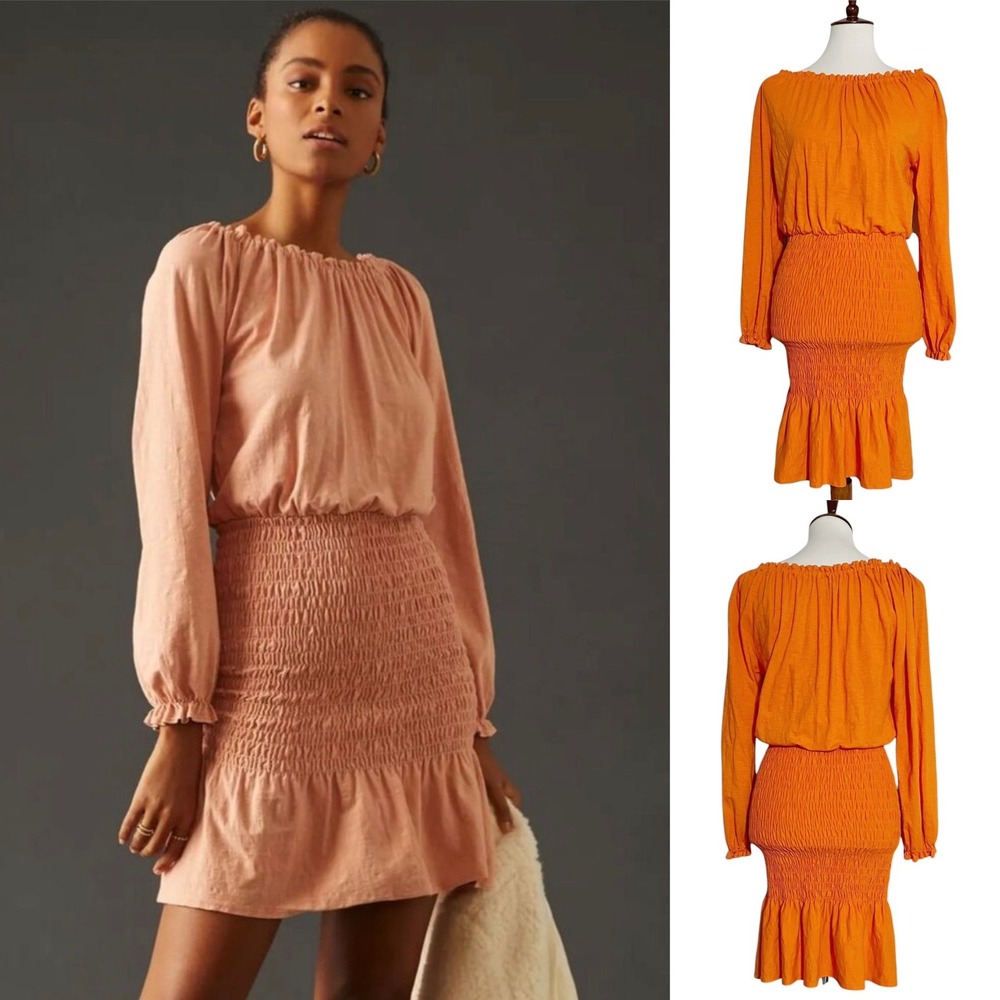 Sundry Sunny Ruffle Dress Orange Smocked Shoulder Long Sleeve Mini Dress Size 1